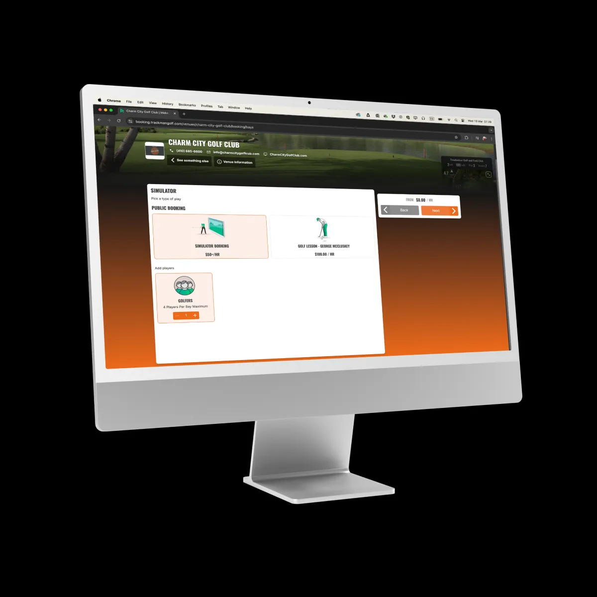 Computer monitor displaying a golf club website interface with options for booking simulator sessions, set against a black background.