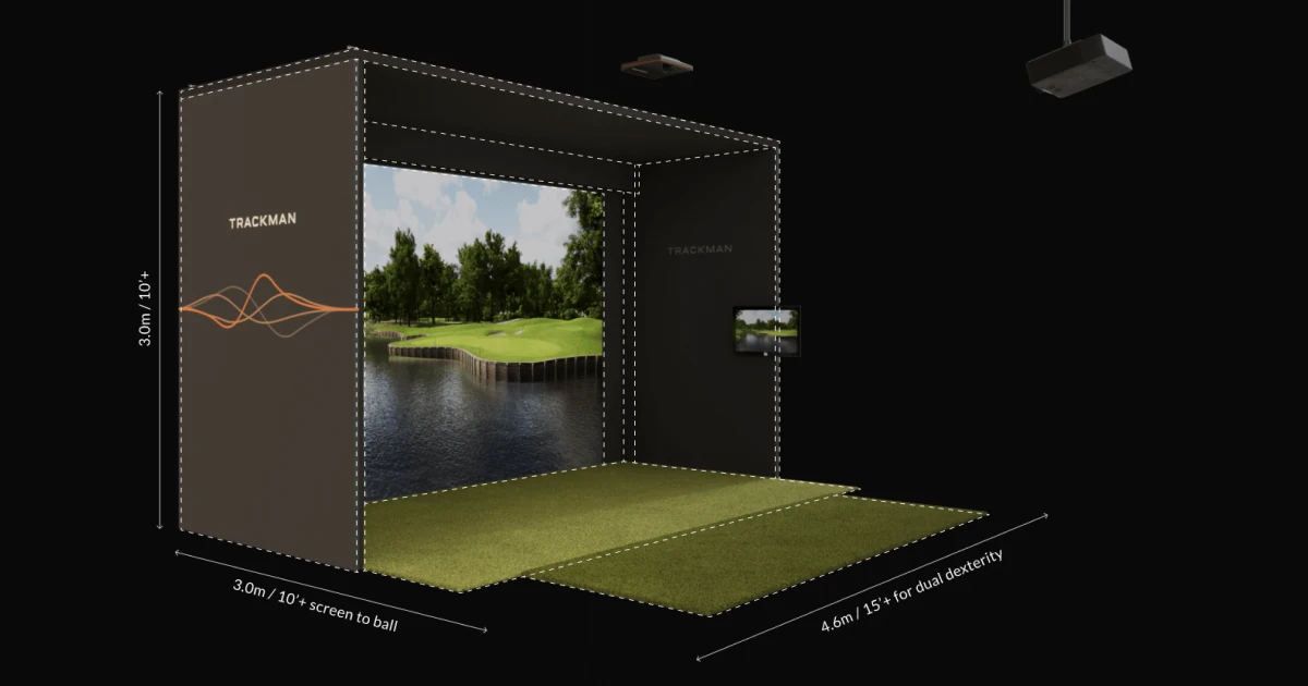 Golf simulator setup with a screen displaying a golf course. Includes a projected image and a small wall-mounted screen. Dimensions labeled.