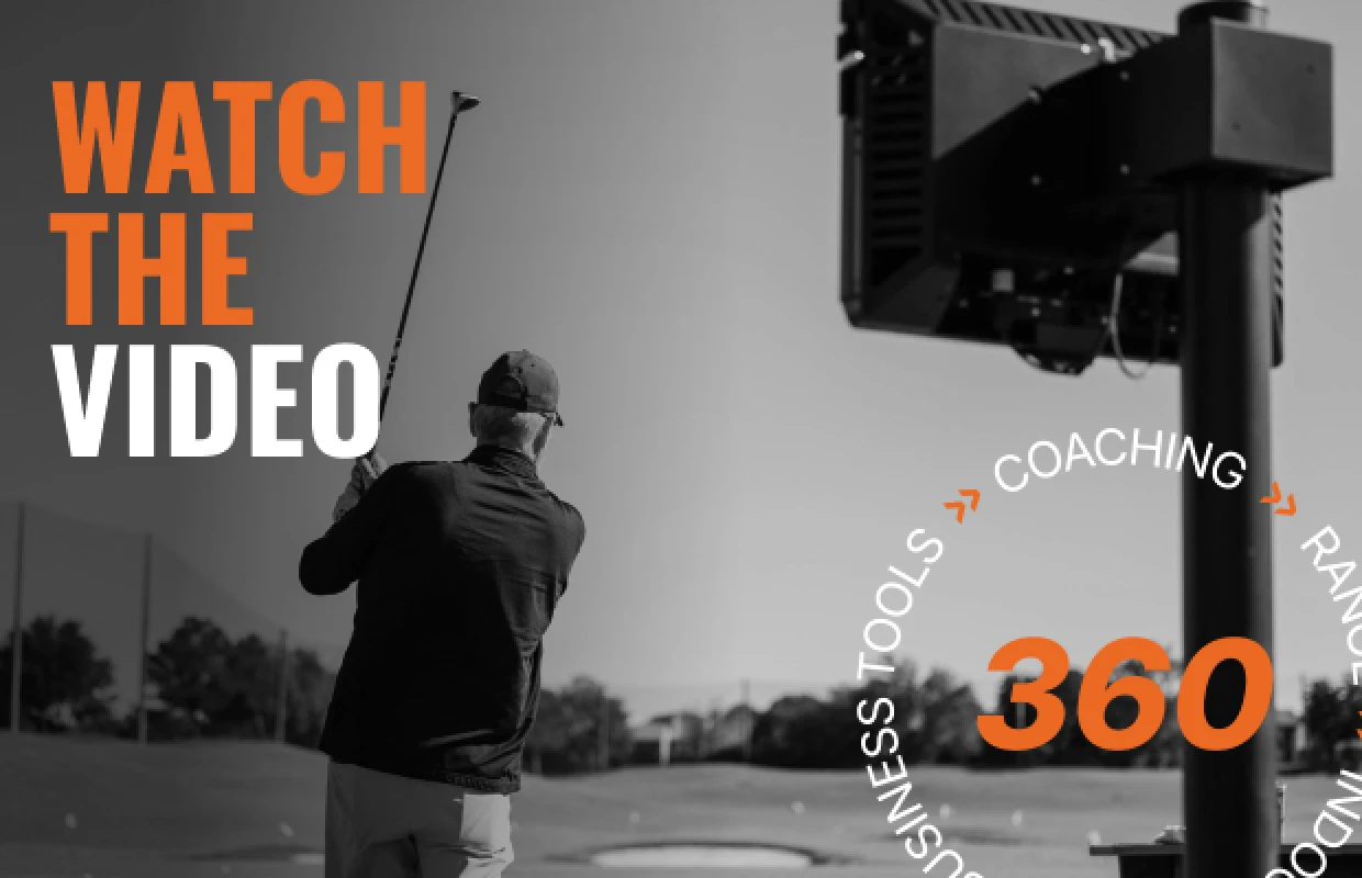 Golfer swings at a driving range, with text "Watch the Video" and "360" alongside business tools and coaching themes.