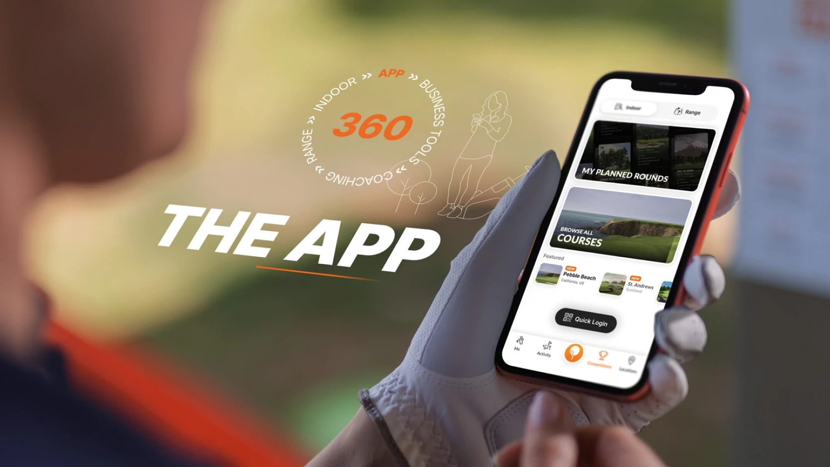 Person holding a smartphone displaying a golf app interface, wearing a golf glove, with text "THE APP" and "360" in the background.