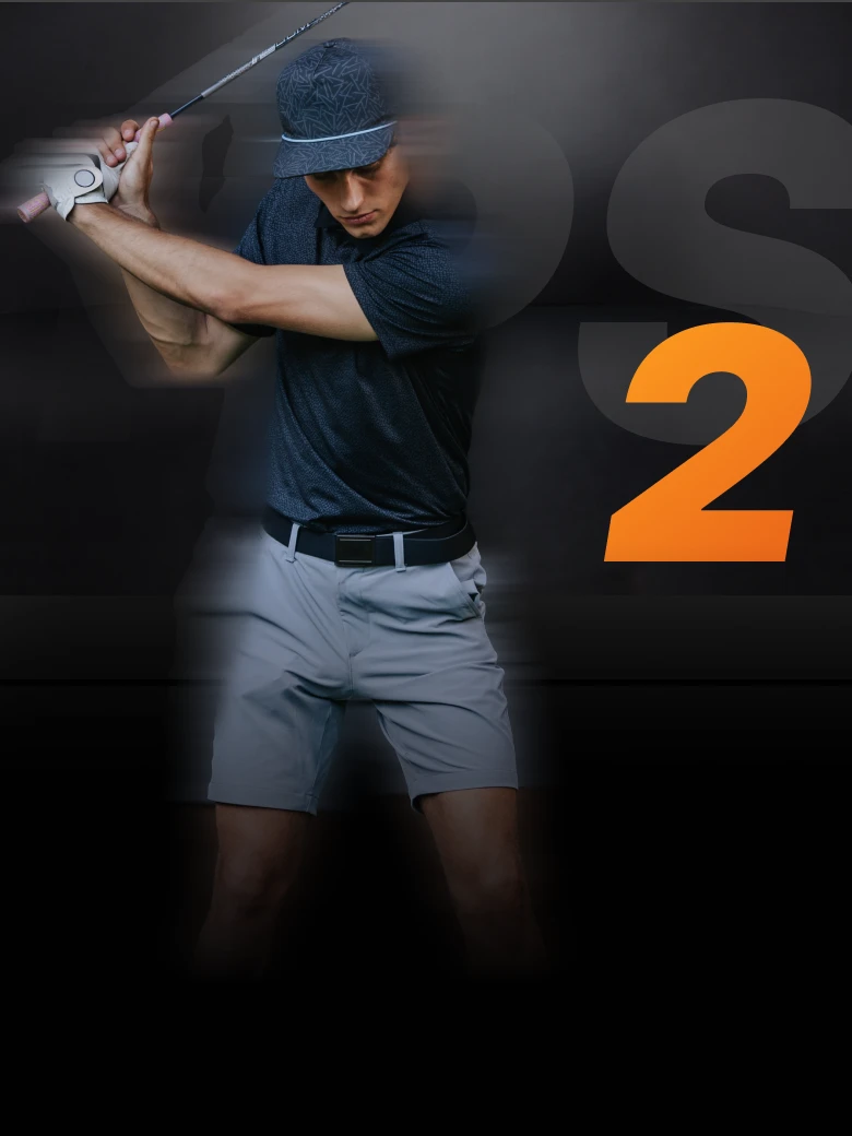 Golfer in mid-swing wearing a dark shirt and light shorts, with motion blur and orange number "2" on a dark background.